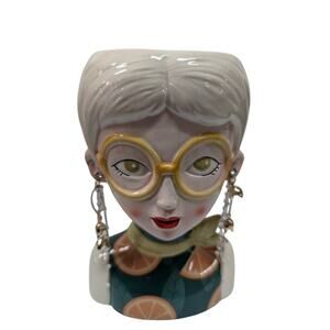 Large Ceramic fruit lady headvase planter 9" BLONDE GRAY HAIR GLASSES ORANGES